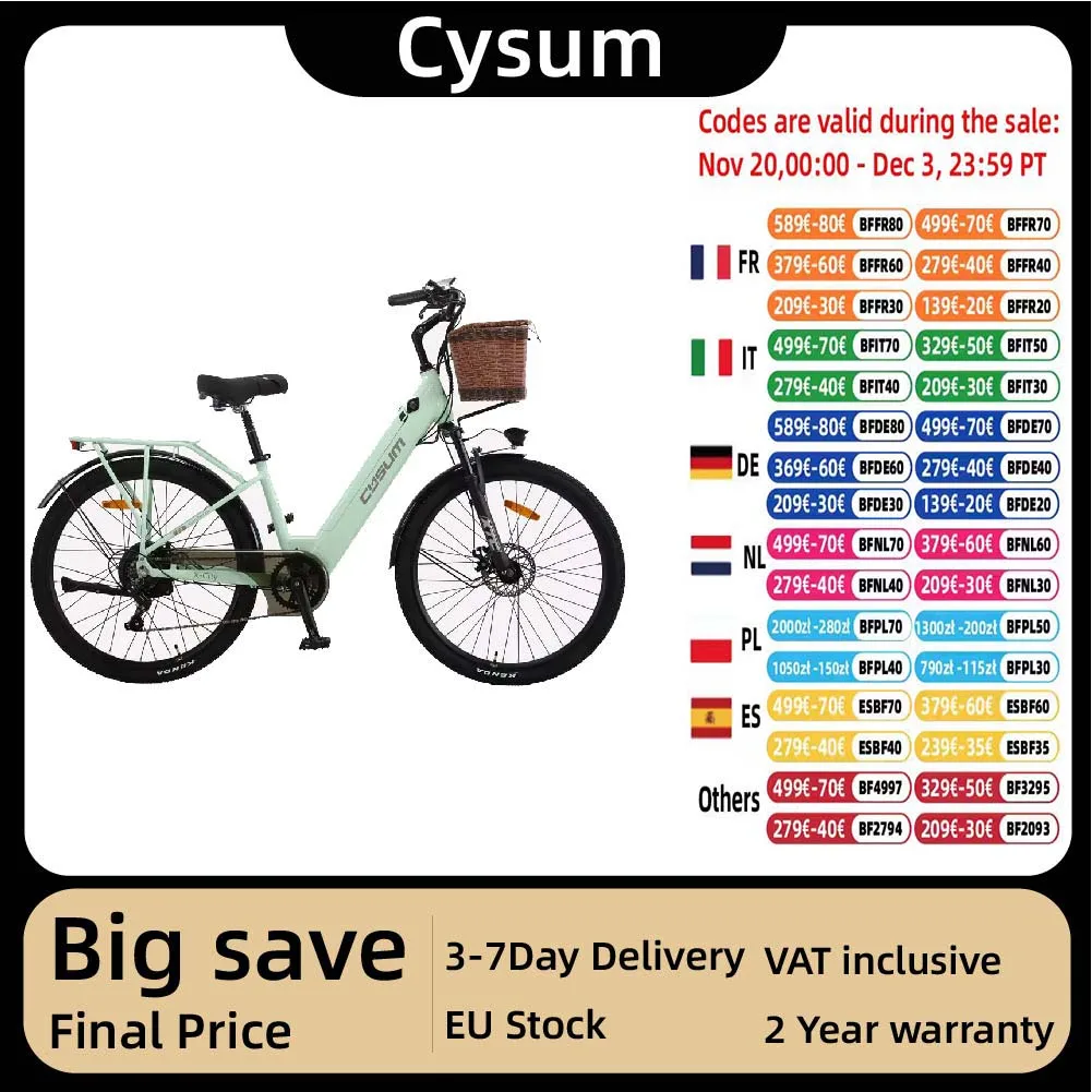Cysum X-City Bicicleta eléctrica para adultos 250W Bicicleta eléctrica para hombres 48V 10.4ah Batería Neumático de 26 pulgadas Bicicleta eléctrica urbana