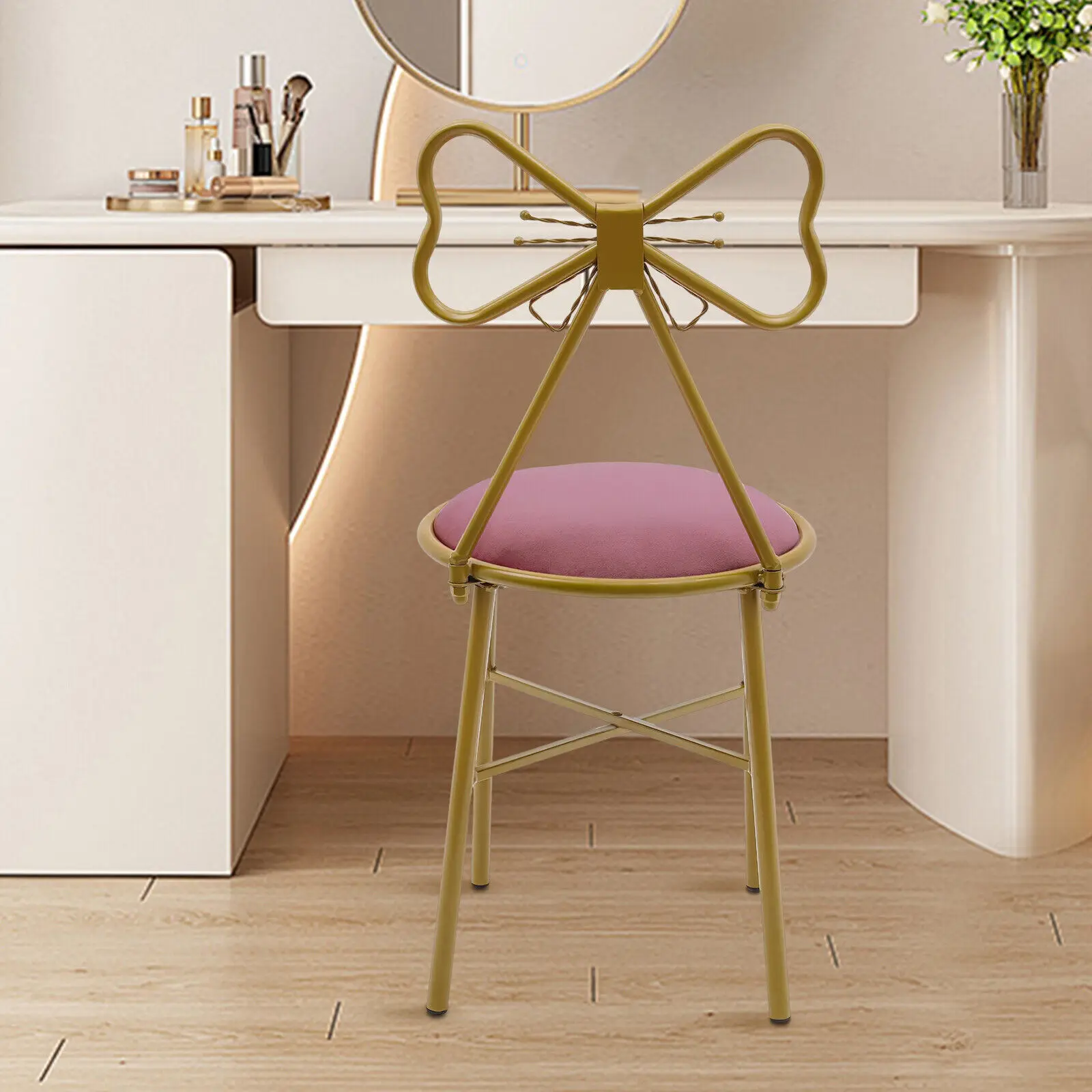 Makeup Dressing Chair Pink Bow Backrest Princess Chair Butterfly Shaped Armless