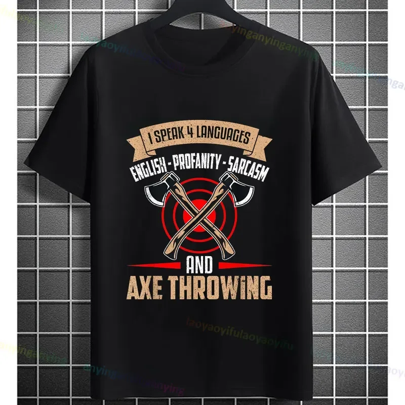 Funny Axe Throwing Graphic T-Shirt Fashion O-neck Short-sleev Pure Cotton Tshirt for Men Ideal for Sports & Beach