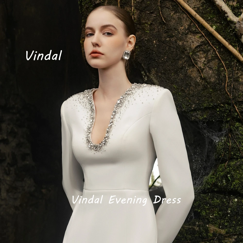 Vindal Floor length V-Neck luxurious Fashion Straight Beaded Crepe Breast Padding Elegant  Long Sleeves السعود For Woman 2024