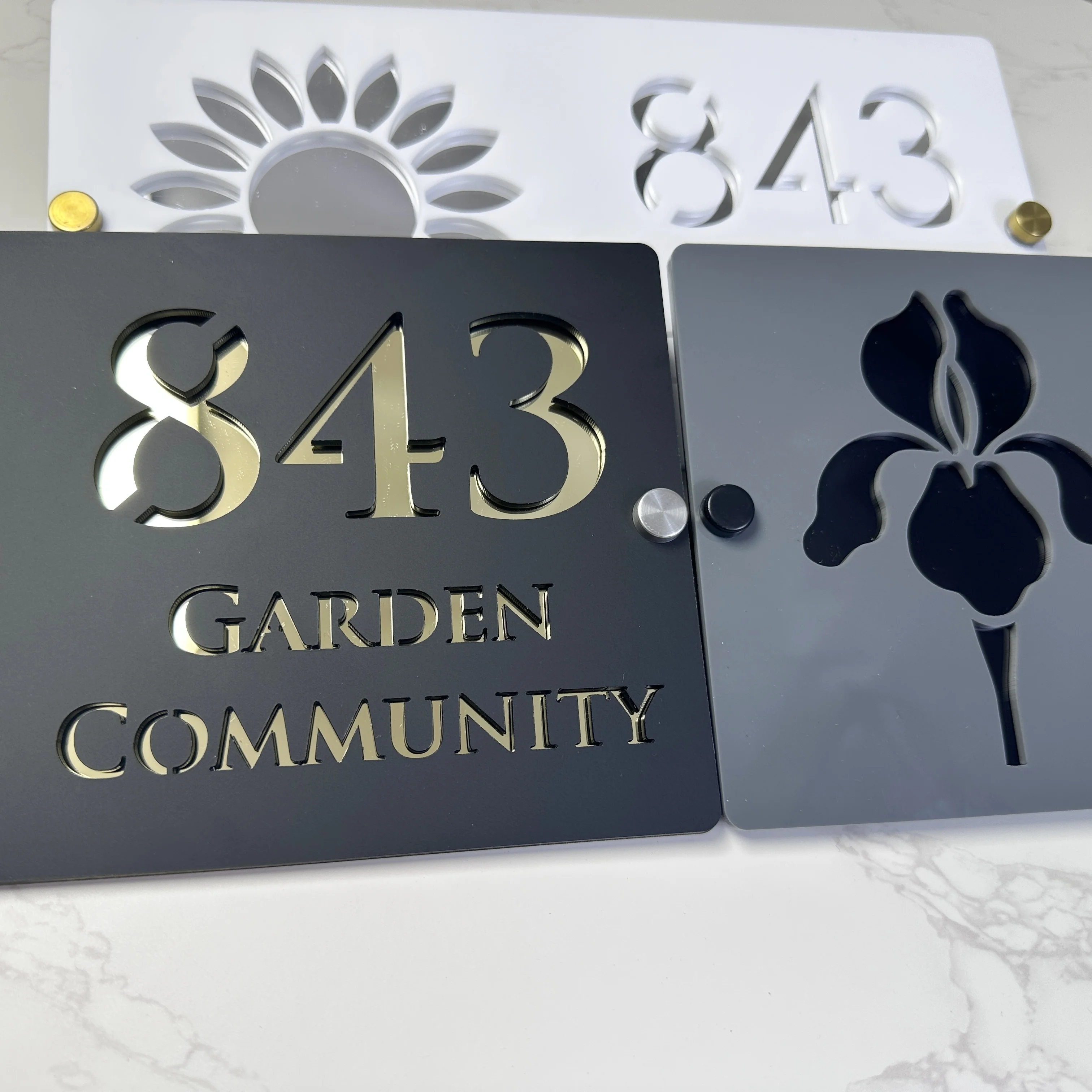 Custom Acrylic House Number Sign, Floral Design with Sunflower & Iris, Laser Engraved Address Plate for Modern Home Decor