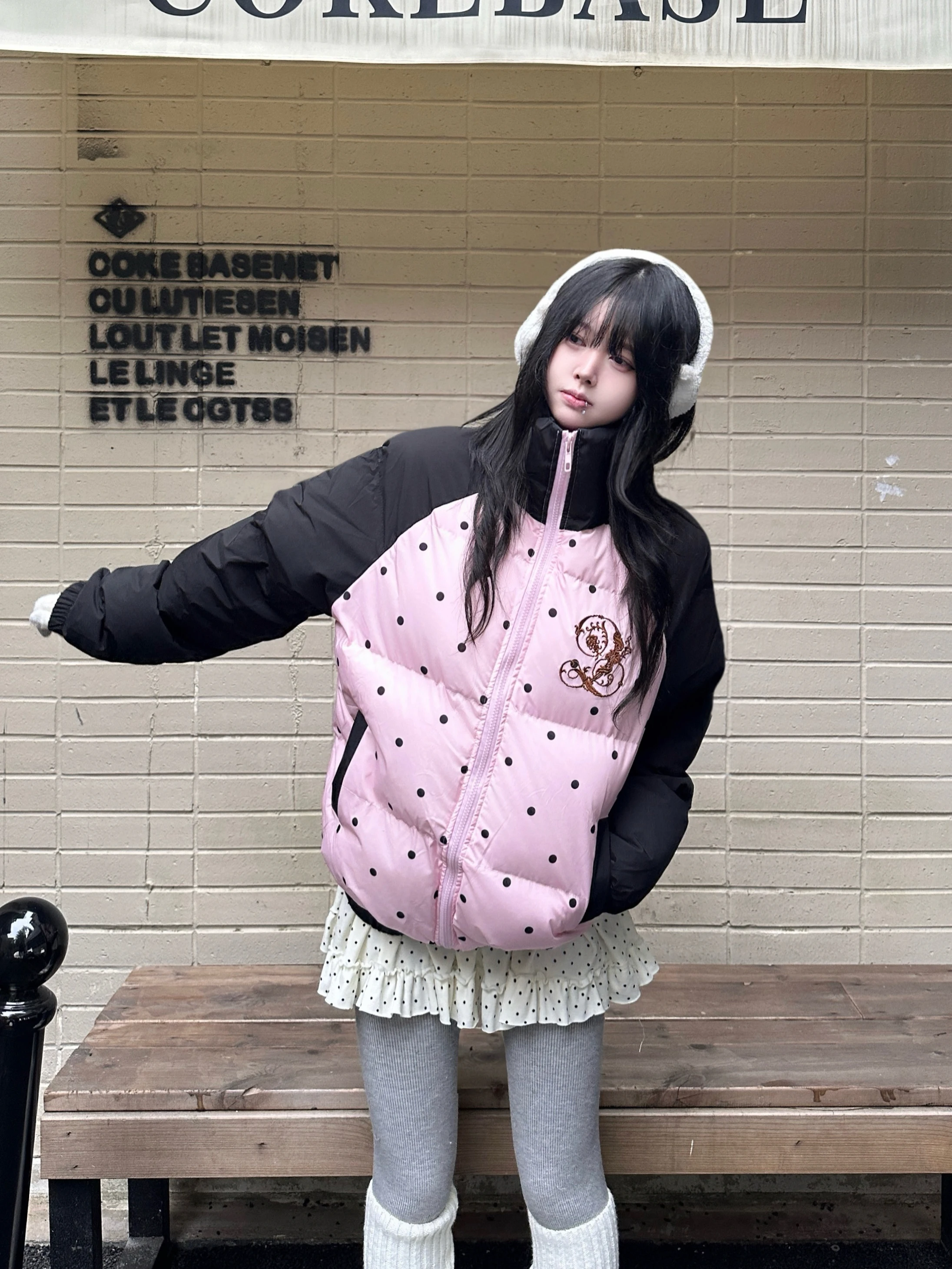 

Winter Cotton Jaet Women's Polka Dot Patchwork Warmth Resistant Cold Small Size Cotton Coat Sweet Sle Loose Fit Zipper