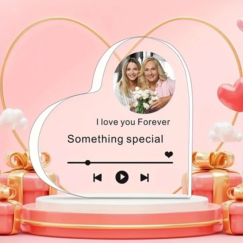 Personalized Photo Message Custom Acrylic Heart Desk Plaque, Heart Cutouts, Holiday Keepsake for Wife Parents Pet Home Office