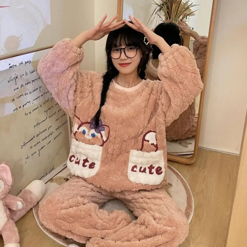 Anime Women Kuromi Pajama Set Sanrioed Kawaii Plush Home Clothes Cartoon Winter Thickened Long Sleeves Pants Girl Cute Keep Warm