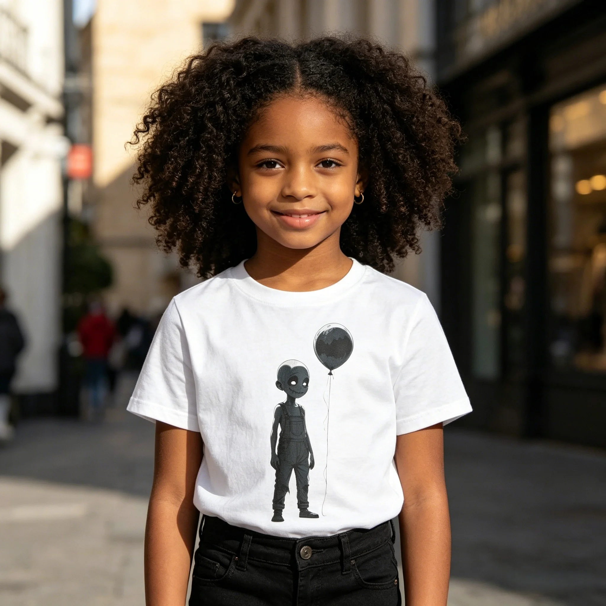 Stitched Smile Shadow Kid Balloon Graphic Tee Loose Casual Fit Soft Breathable Cotton for Daily Outdoor Activity Multiple Sizes