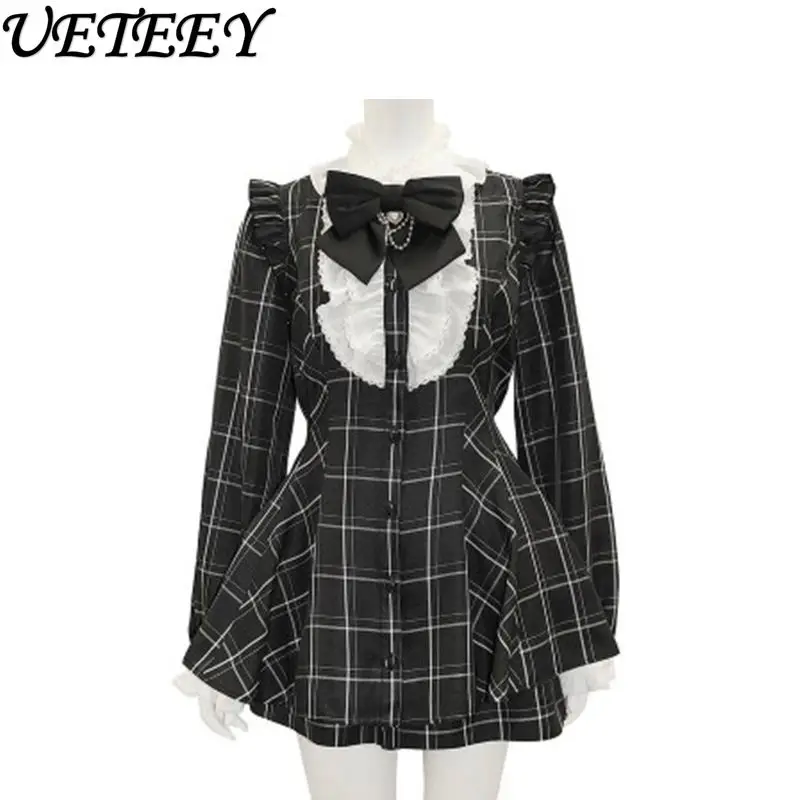 Japanese Mine Plaid Love Heart Bow Tie Long Sleeve Waist-Controlled Top Mass-Produced Dress and Base Skirt Two Piece Set