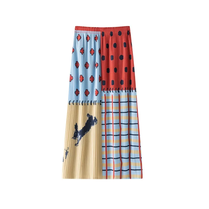 Miyake Pleated 2026 Printed Patchwork Pleated Skirt for Women Elastic Waist Slimming Versatile Straight Skirt Summer Skirt Pleat
