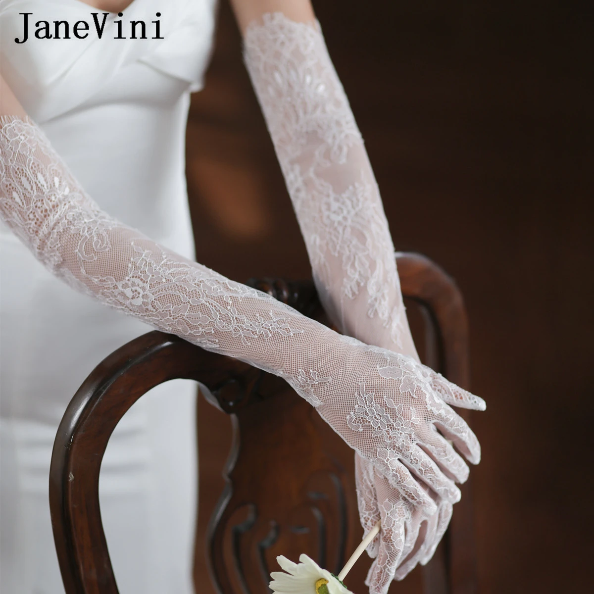 JaneVini Guantes Largos Elegantes 60cm Long Lace Gloves Bridal Wedding Gloves Full Finger White Bride Women Party Accessories