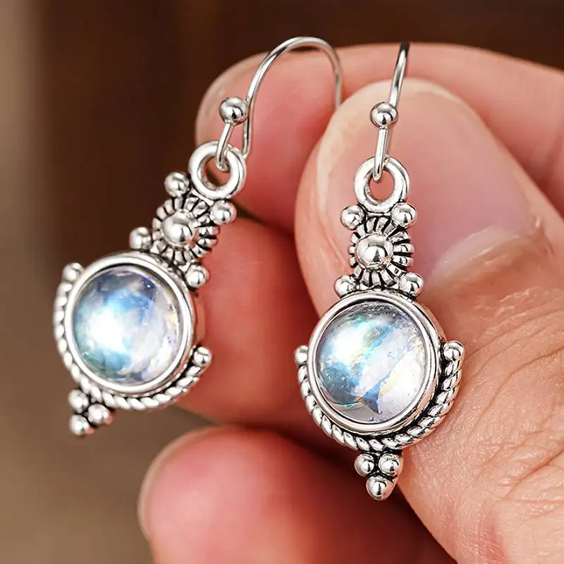 Huitan Elegant Women Imitation Moonstone Drop Earrings Anti Silver Color Vintage Party Wedding Accessories Special Daily Jewelry
