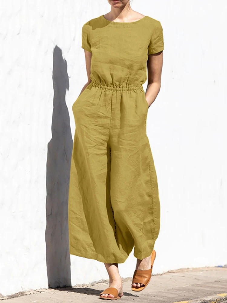 Sleeveless Retro Femme Cotton Linen Pants Women Casual Elastic Waist Jumpsuits with Pockets Summer Streetwear Thin Loose Rompers