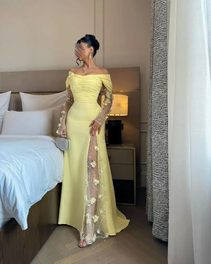 Jirocum jaune épaules dénudées 3D fleur maille fente à manches longues robes de traînée de luxe formel bal Gala tapis rouge robes de soirée