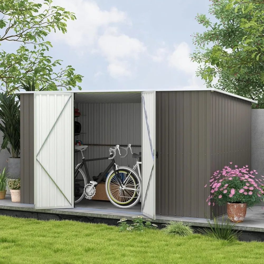 

Outdoor 11.2 'x 5.6' storage shed, galvanized metal practical garden tool room, backyard lockable door, bicycle, terrace
