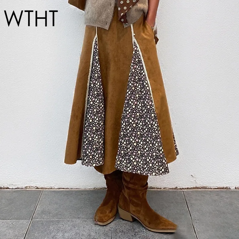 WTHT جديد عصري المرأة زهرة طباعة المرقعة الجلد المدبوغ التنانير الطويلة 2025 الخريف موضة مرونة الخصر ألف خط تنورة الإناث 1LS2673
