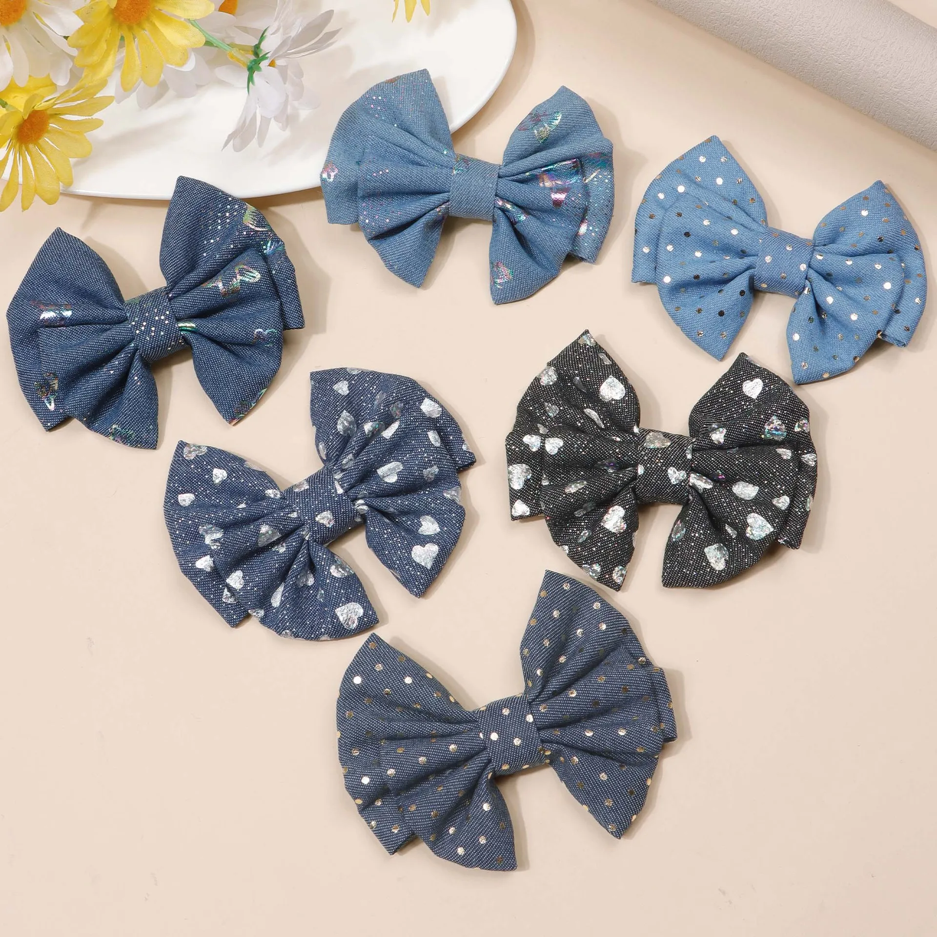 

30 PCS/Lot, 4.33" Denim Fabric Messy Bow Hair Clips For Children Girls Hair Accessories