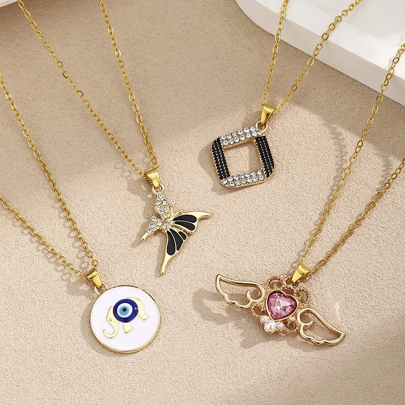 Enamel Turkish Blue Eye Elephant Pendant Necklace Crystal Angel Wings Butterfly Necklaces For Women