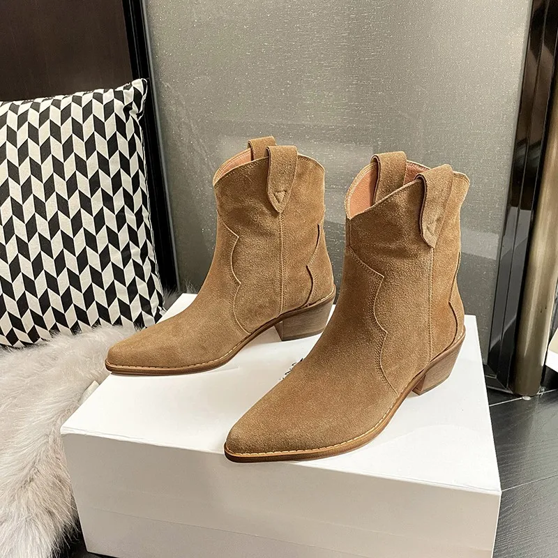 【EUNICE YUN】2025 Classic Western for Woman Cow Suede Pointed toe Wedges Heel Ankle Boots Simple Comfortable Cowboy Female 33-43