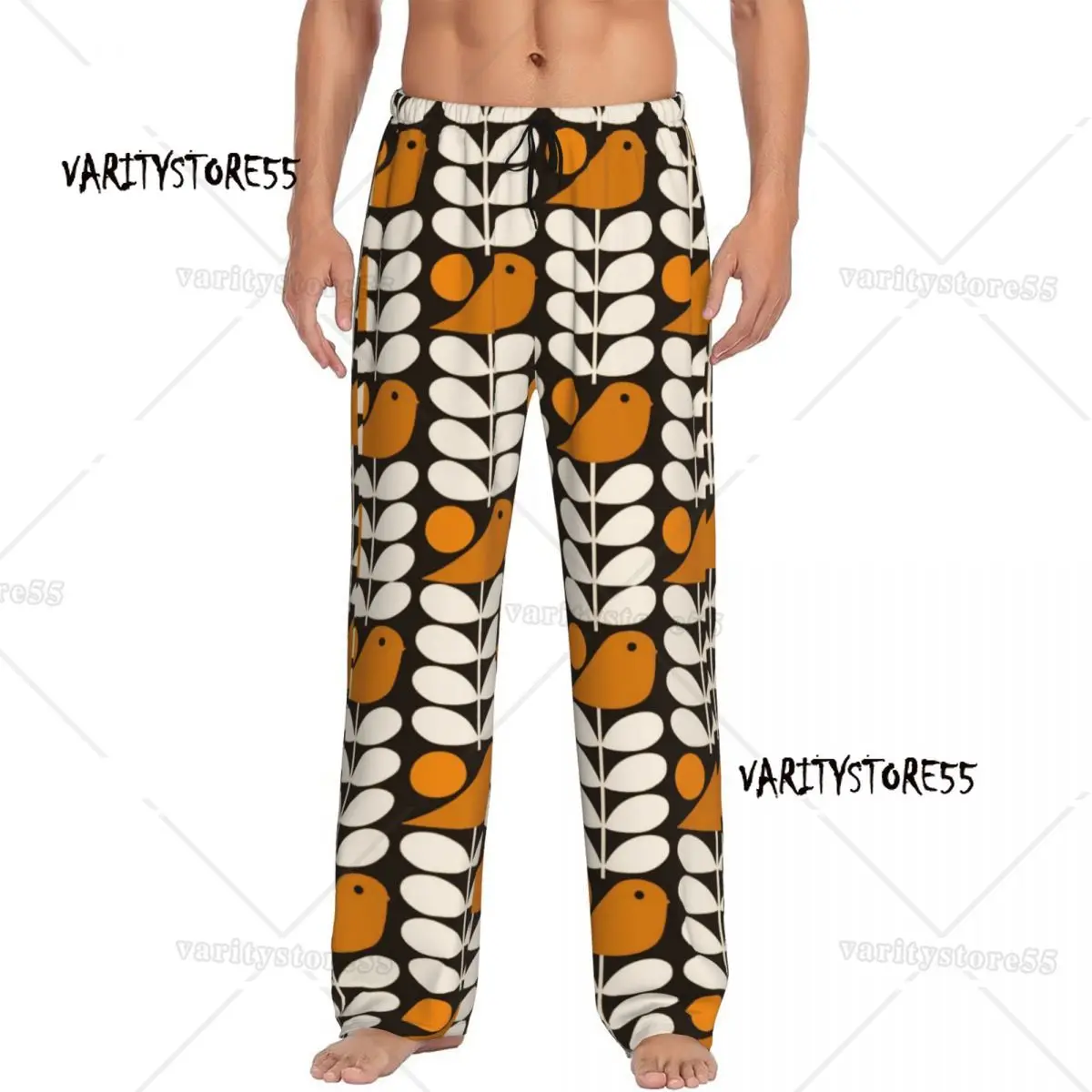 

Custom Men's Multistem Birds Black White Orange Pajama Pants Print Orla Kiely Scandi Sleep Sleepwear Bottoms with Pockets