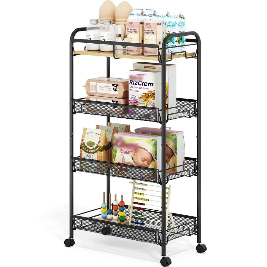 

Тележка на 4 ярусах, металлическая универсальная тележка, выдвижная тележка для хранения с деревянной столешницей и сетчатыми корзинами, легко собираемая тележка для