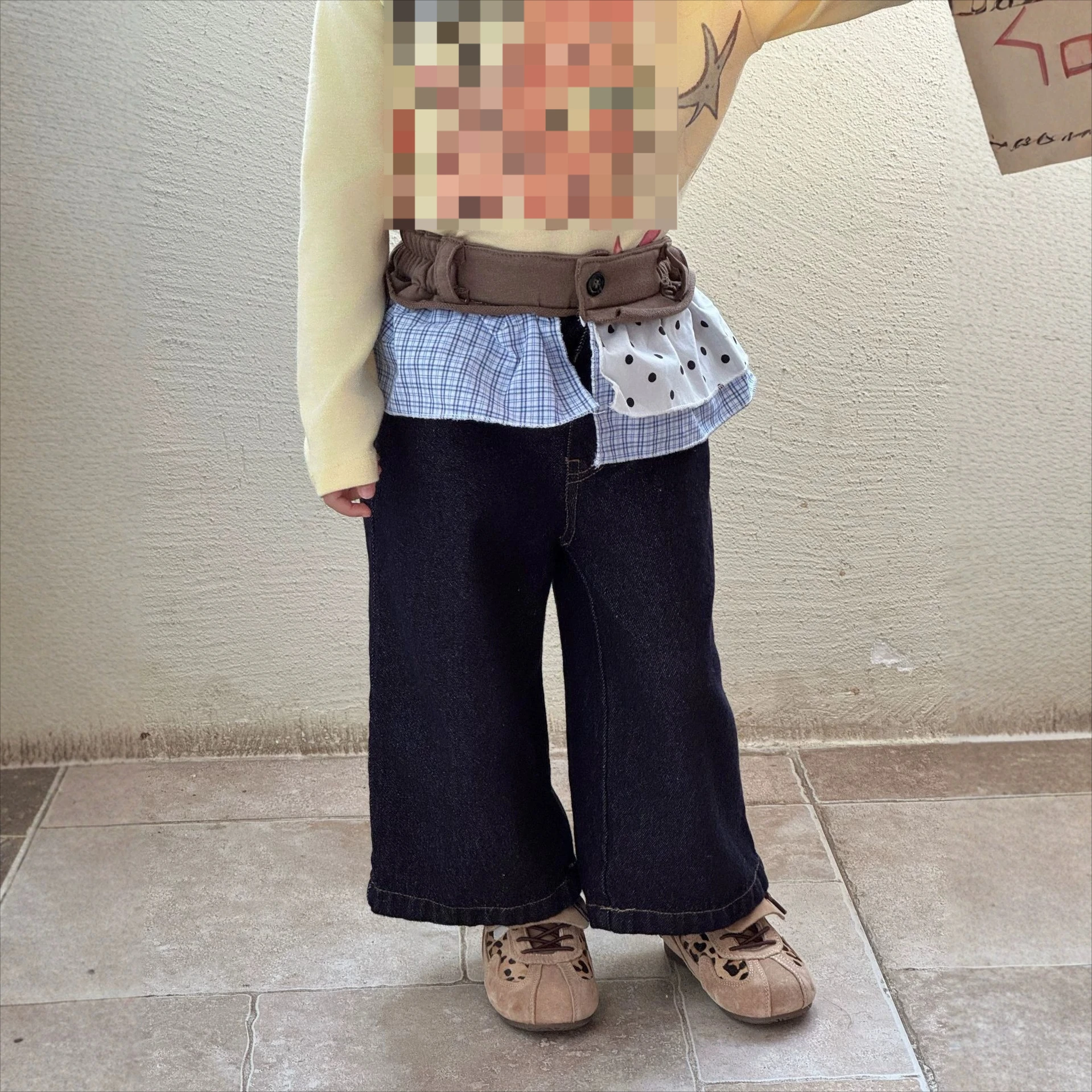 Girls Fall Jeans Korean Unique Multicolor Patchwork Diaper Cover Casual Straight Pants Navy Fashionable Jeans