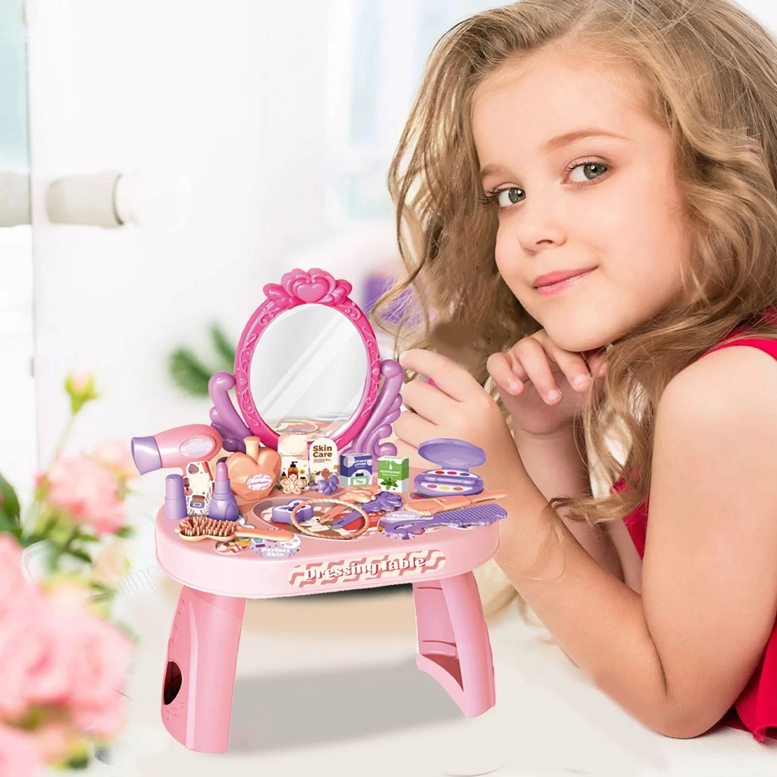 Kids Beauty Salon Toy Set Girls Salon Hair Stylist Pretend Makeup Kit Includes Kids Hair Dryer Comb Makeup Bag