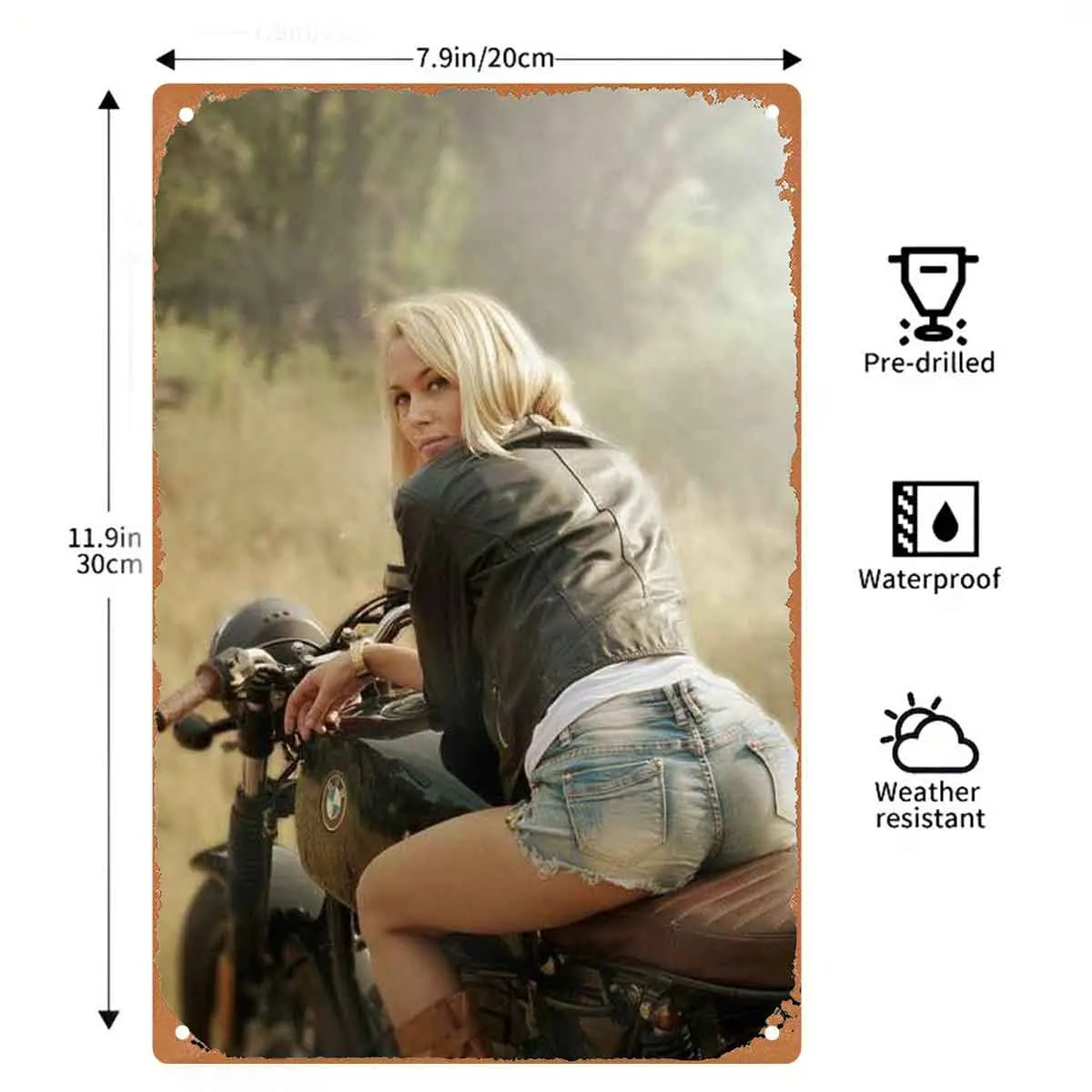 Stylish Biker Girl Striking a Pose on Her Motorcycle Vintage Metal Wall Sign Decor