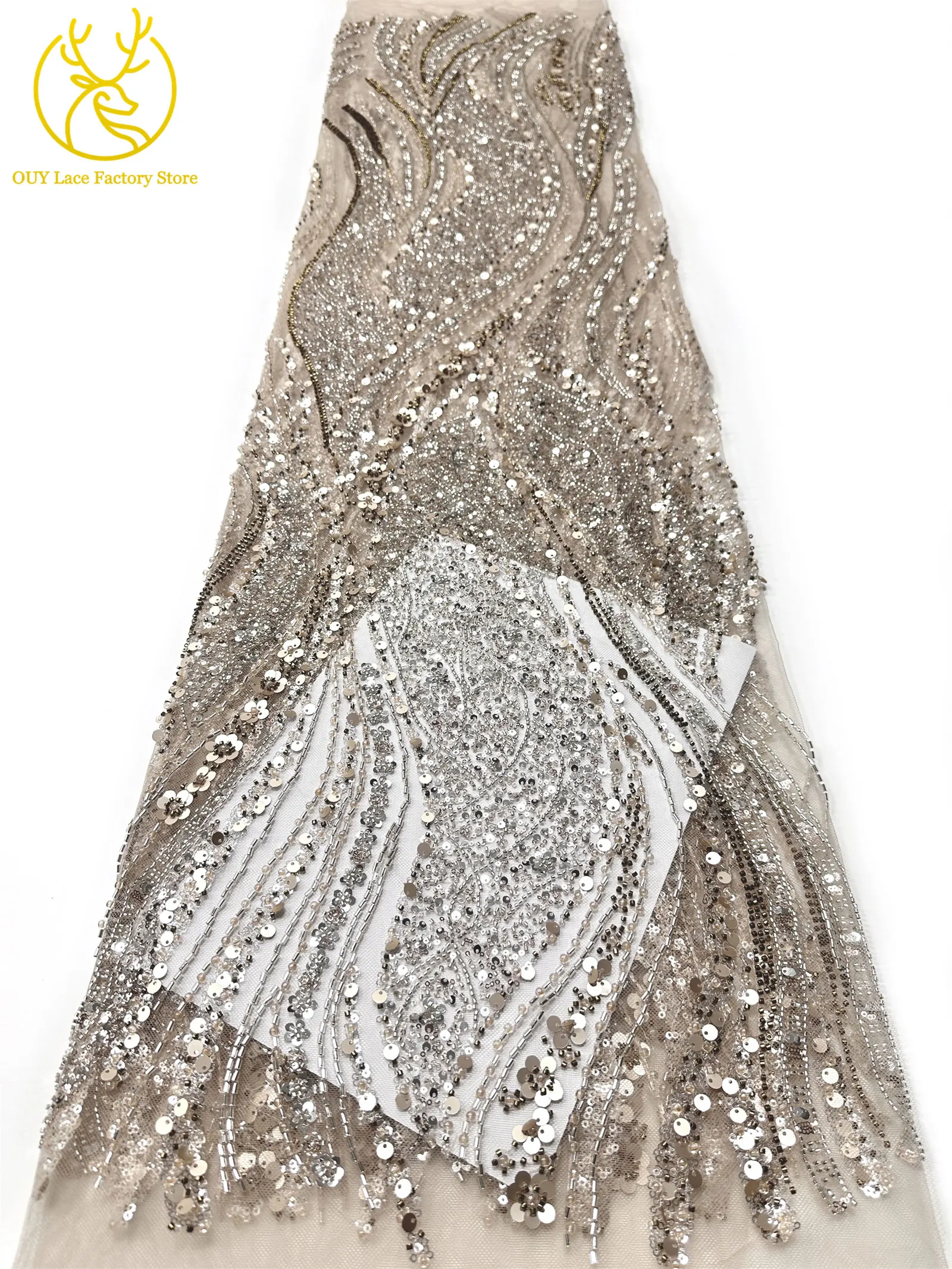 Champagner-Gold Nigerianischer Pailletten-Netzstoff 2026 Hochwertige Französische Perlen-Spitze Afrikanischer Spitzenstoff für Brautkleider – Detail 12