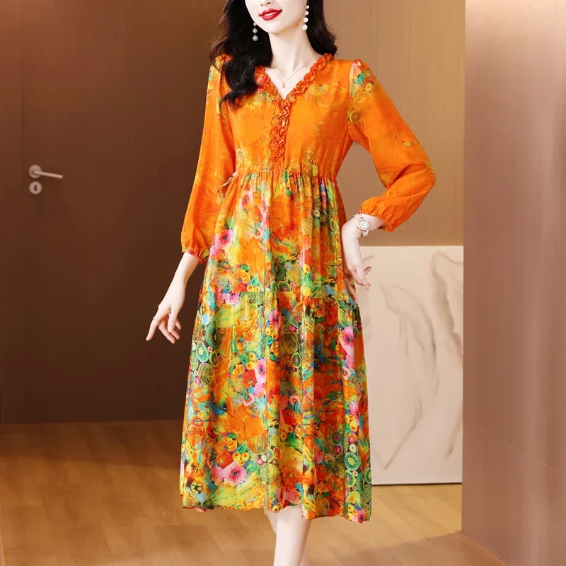 

Свободное шелковое платье макси с принтом шелковицы, летнее винтажное шифоновое платье больших размеров 5XL, женское элегантное облегающее вечернее платье, Vestidos