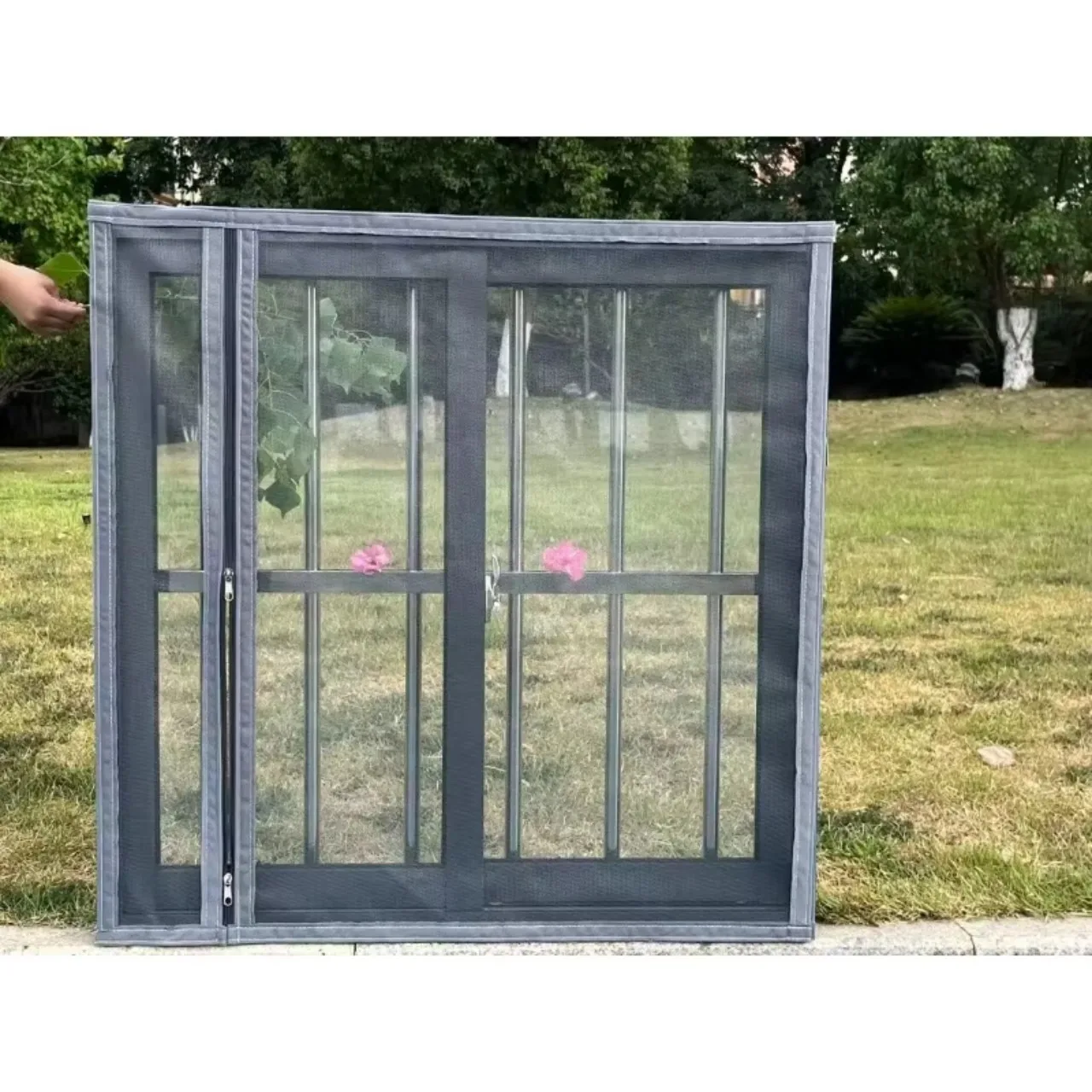 Grey Side Zipper Customized Size, Multi Size Self-Adhesive Window Screen, Mosquito Screen Window