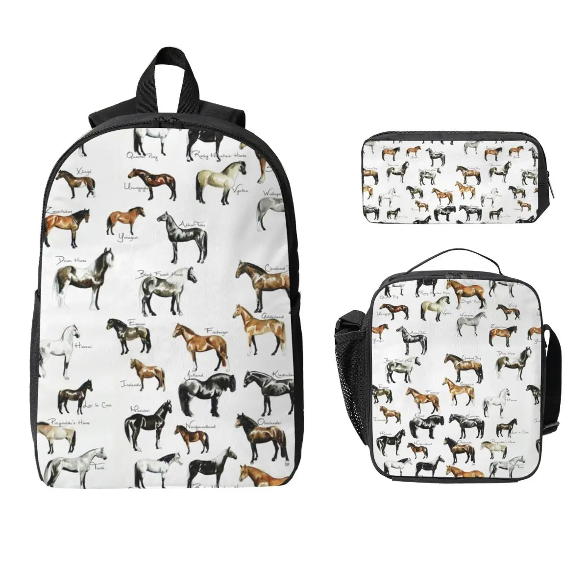 

Rare Horse Breeds ABC Backpack Student Boys Girls BookBag School Bag Computer Shoulder Bags 3ps Insulated Lunch Bag Pencil Case