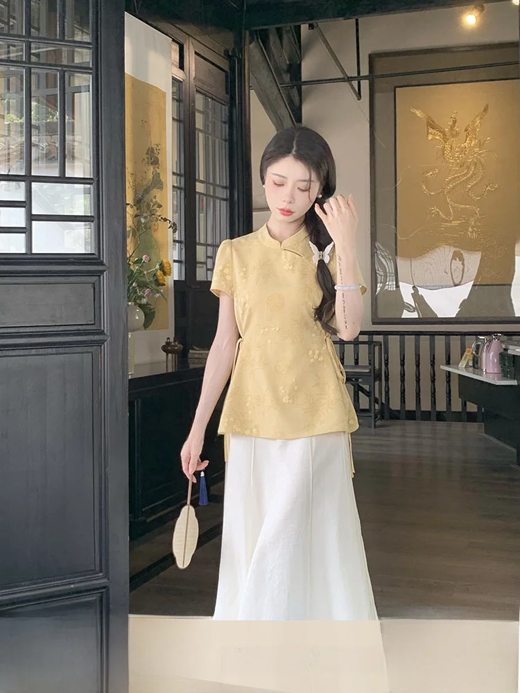 

Новый китайский топ без ошибок с поясом и цветочной вышивкой ort Sve, свободная повседневная летняя футболка для женщин