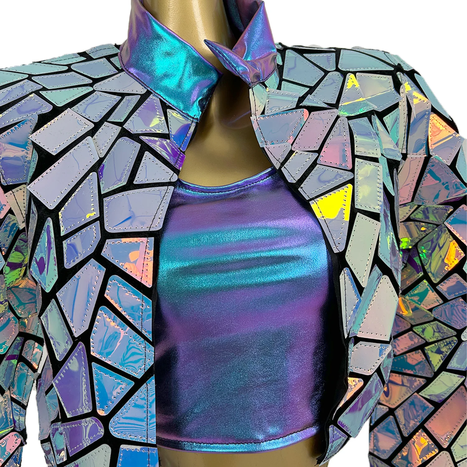 

Sparkly Laser Sequins Jacket Crop Tops Mini Skirt 3Pieces Set Night Club Stage Performance Outfit Birthday Party Short Dress Set