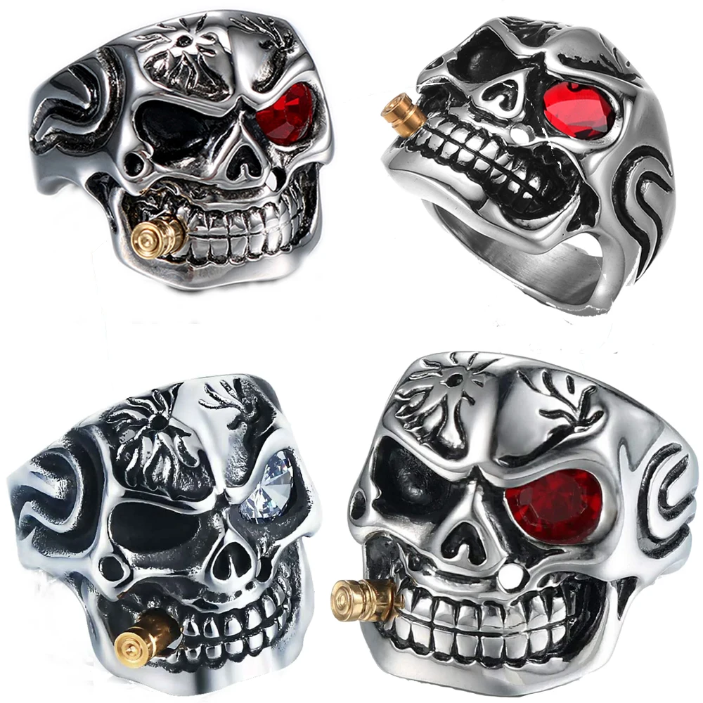 Red Eye Smoking Skeleton Men Ring 7/8/9/10/11/12/13/14 Stainless Steel Male Pipe Skull Finger Jewelry Wholesale Drop Shipping