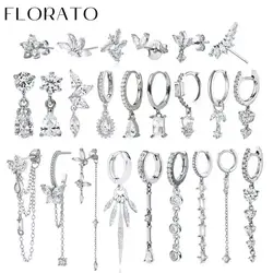 Women Pure Silver Series 925 Sterling Silver Ear Needle Geometric/Butterfly Flowers Pendant hoop Earrings Crystal Zircon Jewelry