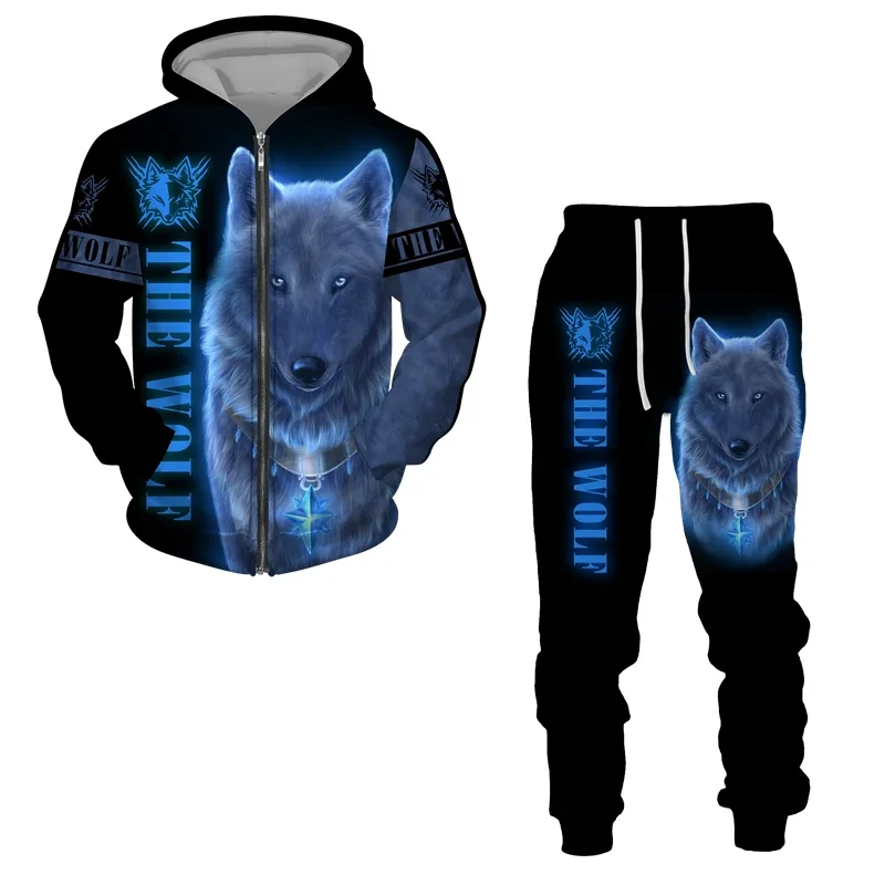 Sweats à capuche zippés loup College en 3D pour hommes, survêtement animal imbibé, pantalon à manches longues, streetwear décontracté, surdimensionné, automne, hiver, haute qualité