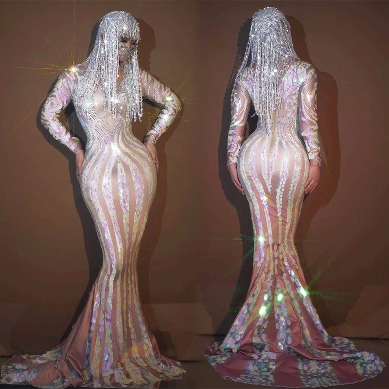 

Elegant Sequins Stretch Long Dress Singer Stage Costume Party Banquet Evening Dress Drag Queen Clothes Festival Clothing yj064