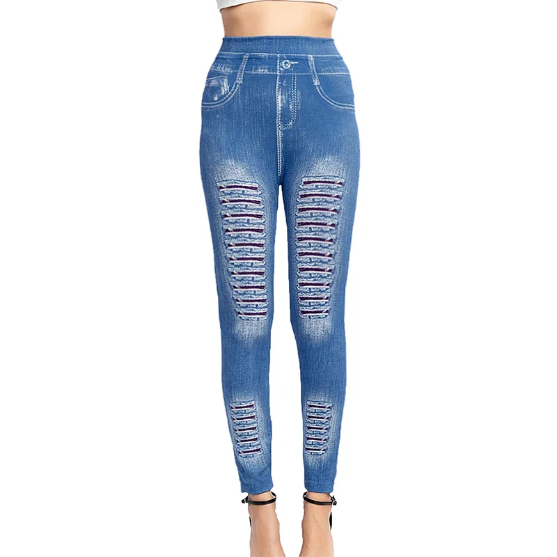 PD395 New European and American Fashion Striped Printed Denim Inspired Leggings with Elastic Hip Lifting Cropped Pants