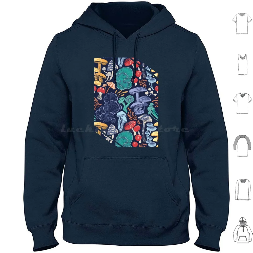 Mystical Fungi / / Midnight Blue Background Multicoloured Wild Mushrooms Hoodie Cotton Long Sleeve Pattern Patterns