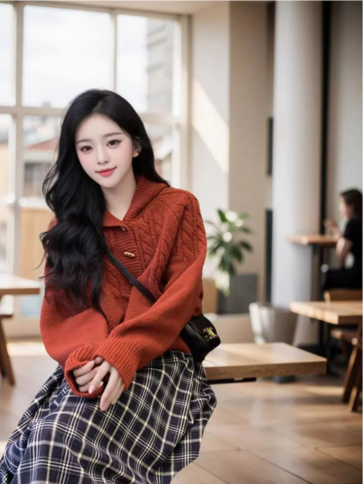 

Корейский Sle простой клетчатый текстурированный длинный вязаный свитер с капюшоном, женский весенний новый мягкий уютный вязаный топ