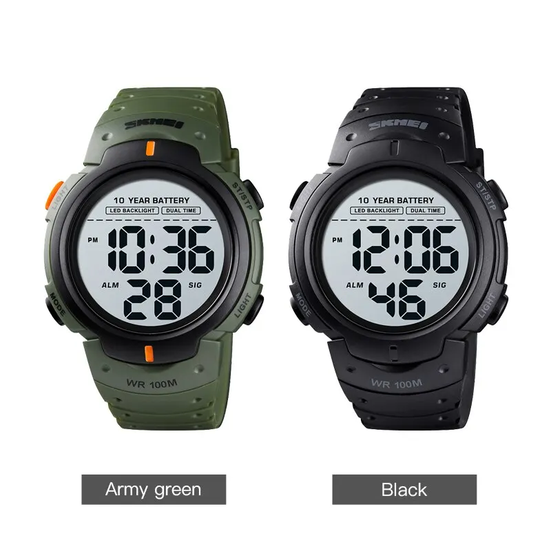 Outdoor Sport Watch 100M Waterproof Led Light Display Digital Sport Watches Mens 10 Year Battery Life Alarm Date Clock
