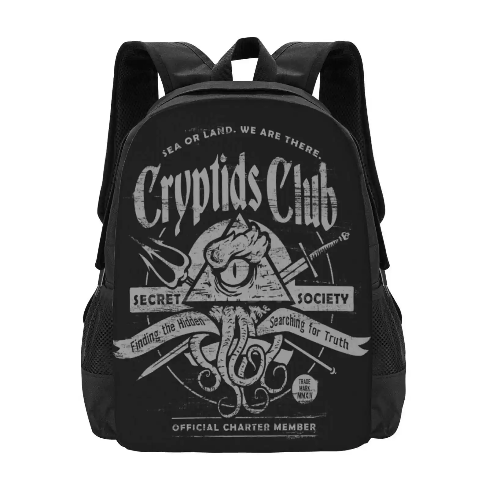 Cryptids Club ( Dark Shirt Version ) Pattern Design Bagpack School Bags Bigfoot Lochness Illuminati Secret Society Trident