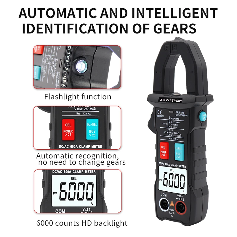 ZOYI Digital Clamp Meter 600A Current True RMS Smart Plier ammeter Auto Rang 6000 Multimeter DC AC Voltage Hz Ohm NCV Tester