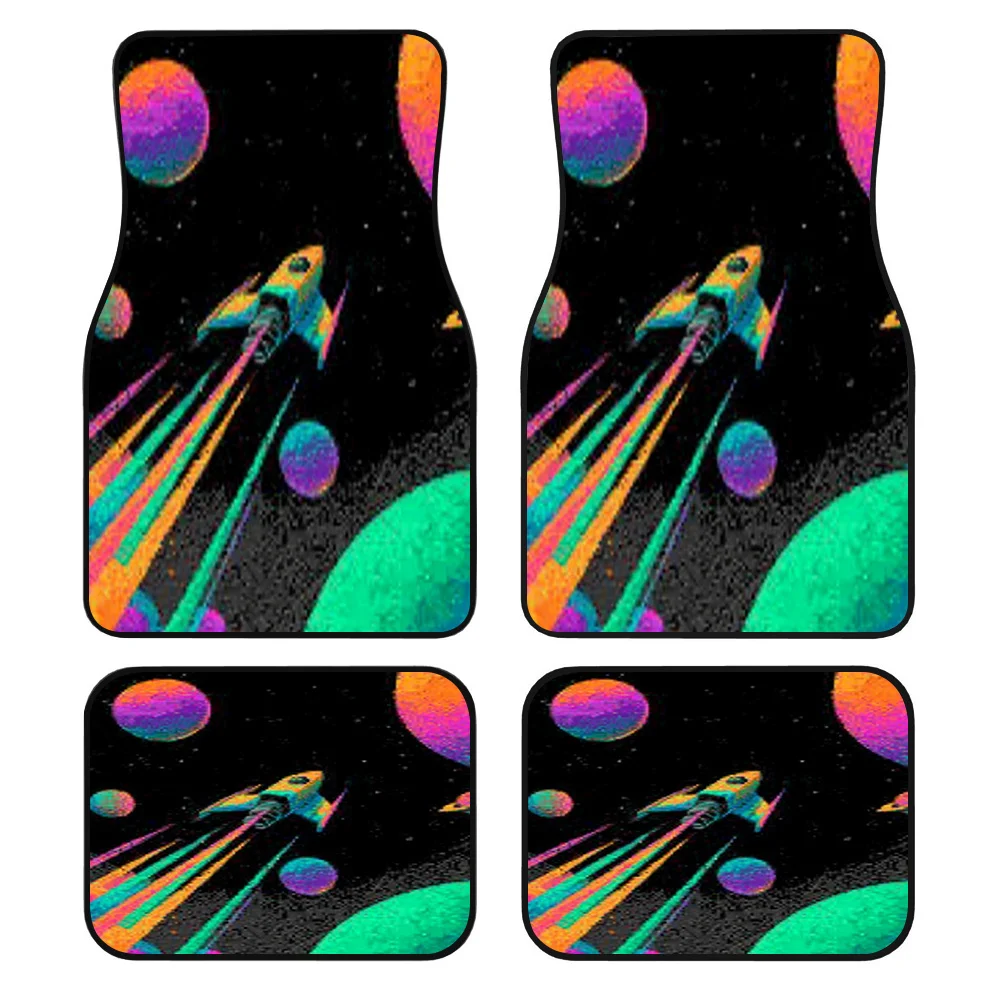 4pcs Neon Glow Space Themed Car Floor Mats | Rocket And Alien Planet Design, Driver/Passenger/Rear/Trunk Mat, Easy To Clean - Id