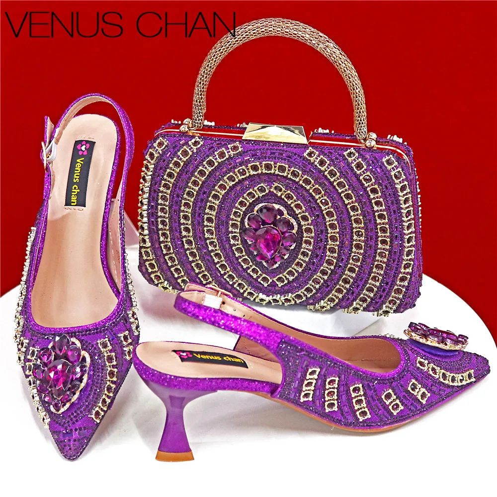 

Nigerian Style Elegant Women's Party Shoes Luxury Full of Diamonds Shoes Purple Pointed High Heel Shoe Bag Set