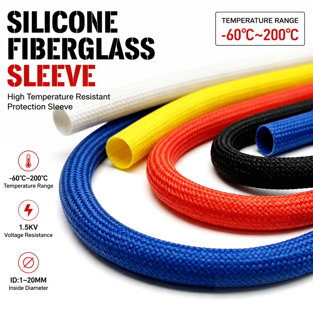 20M/10M/5M/2M  200degree Fiberglass Wire Cable Sleeve ID 1~ 20mm wear-resistan Flame retardant fire-resistant and heat-resistant