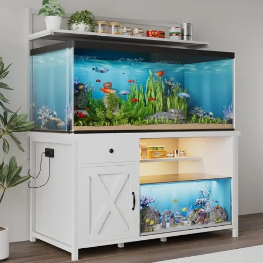 

55-75 Gallon Fish Tank Stand with Power Outlet, Led Light, Heavy Duty Aquarium Stand with Cabinet for Fish Tank Accessories Sto