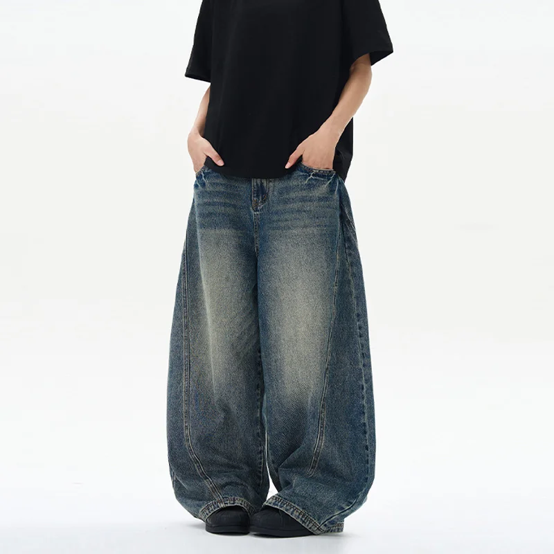 

All Seasons Men's Jeans Oversized Wide Leg Pants Loose Vintage Patchwork Lightning Cracked Denim Trousers Streetwear Male XS-XXL