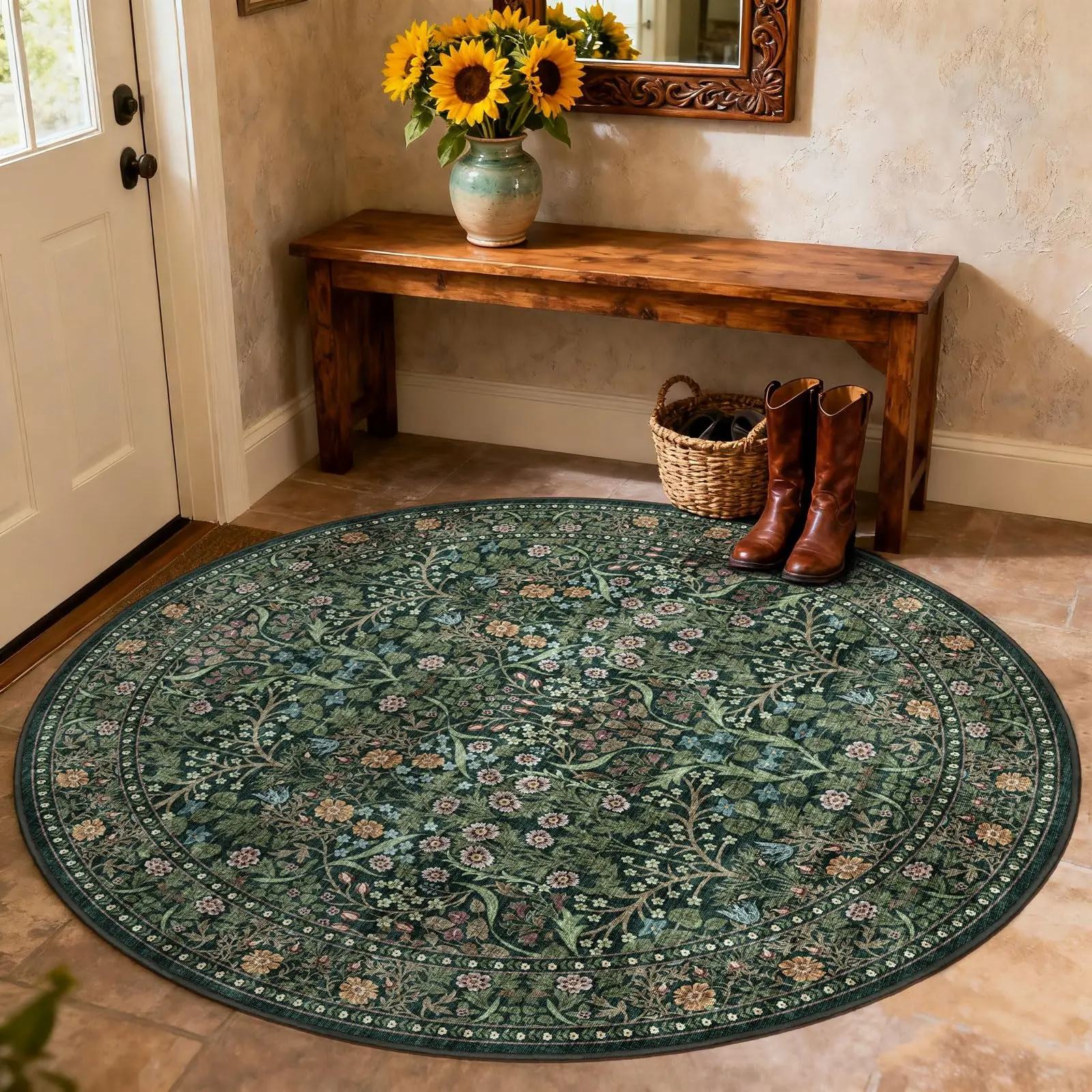 Round Vintage Botanical Rug Dark Green Antique Wild Flower Vine Home  for Retro Countryside  Interior Decorative Beautification