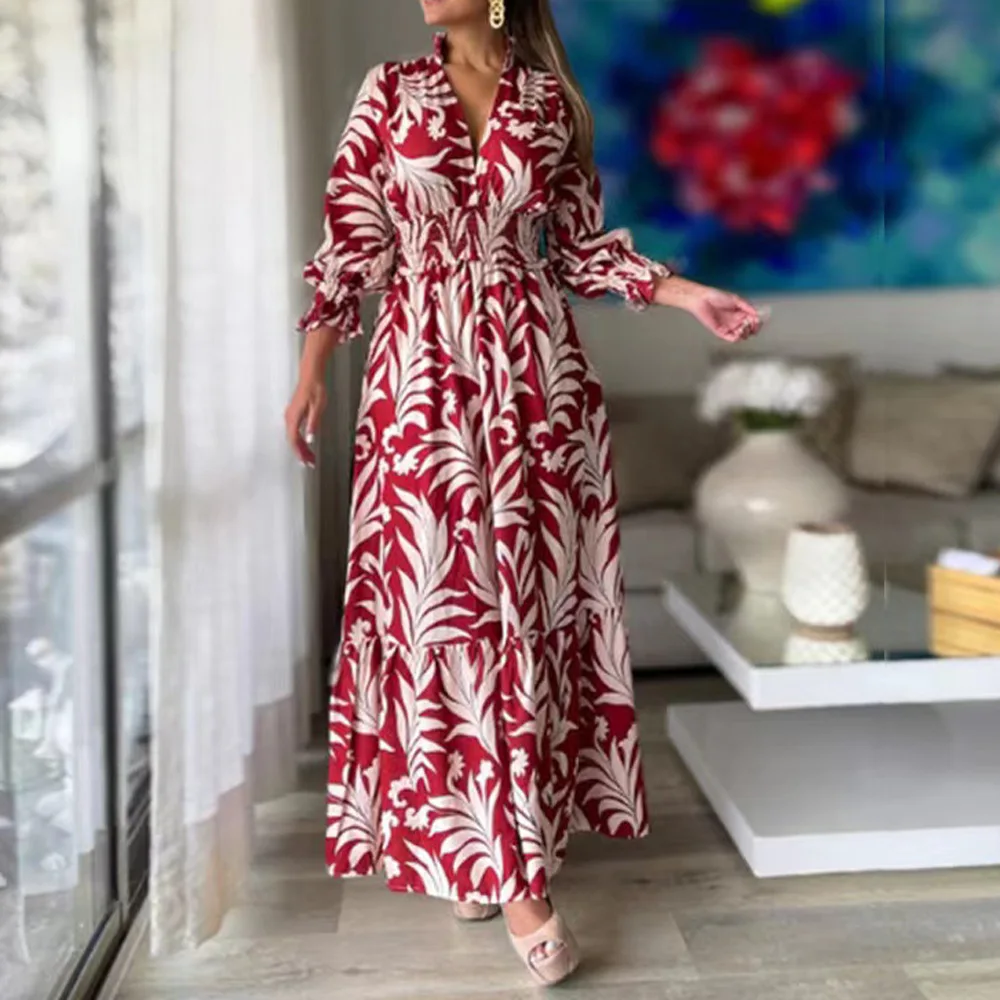 Europe And America Cross Border Autumn/Winter New Long Dress with Waist Pullover And Bohemian Print Long Sleeve Large Swing