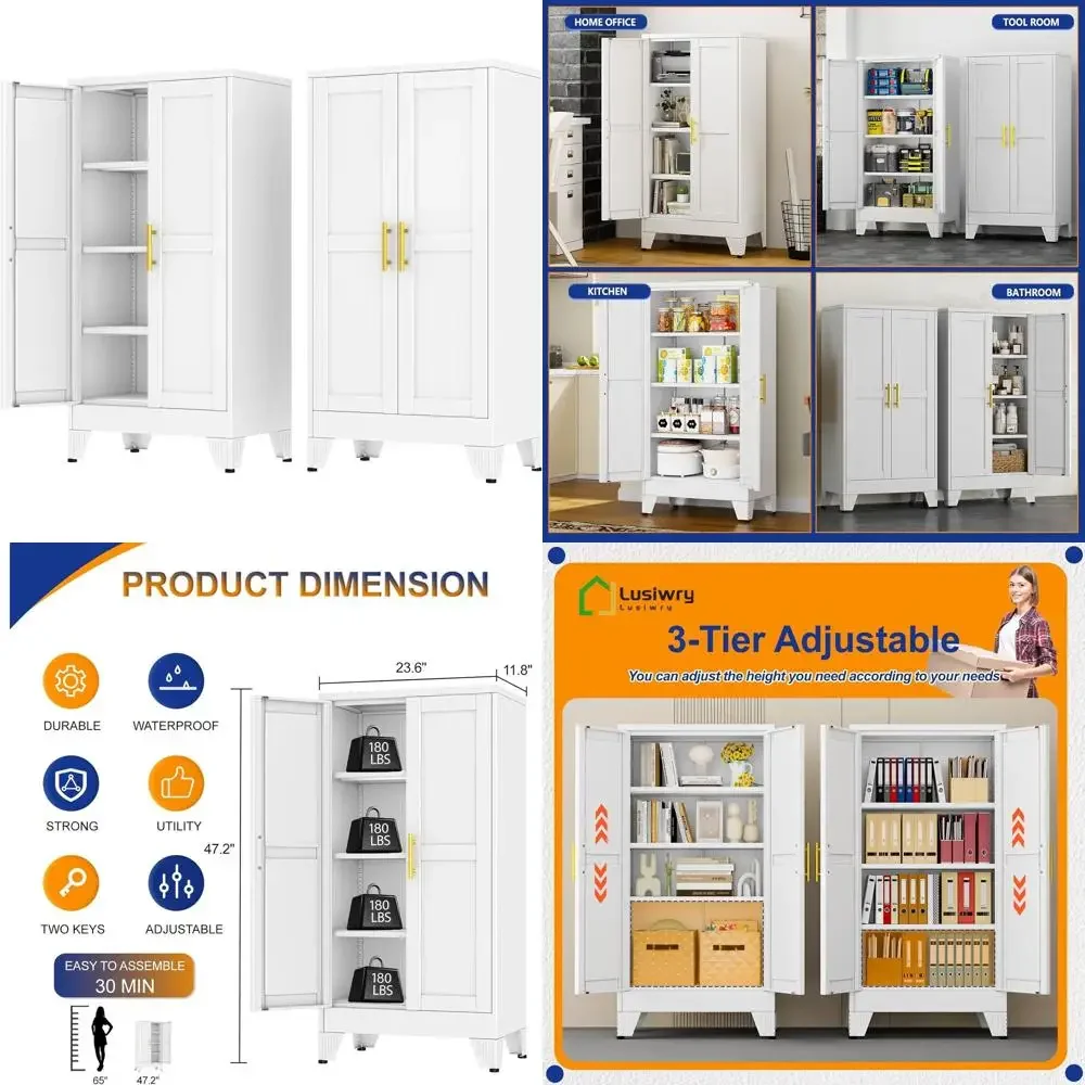 

47.2 White Metal Storage Cabinet with 2 Doors and 3 Adjustable Shelves for Home, Office, Garage, Gym, School, and Kitchen