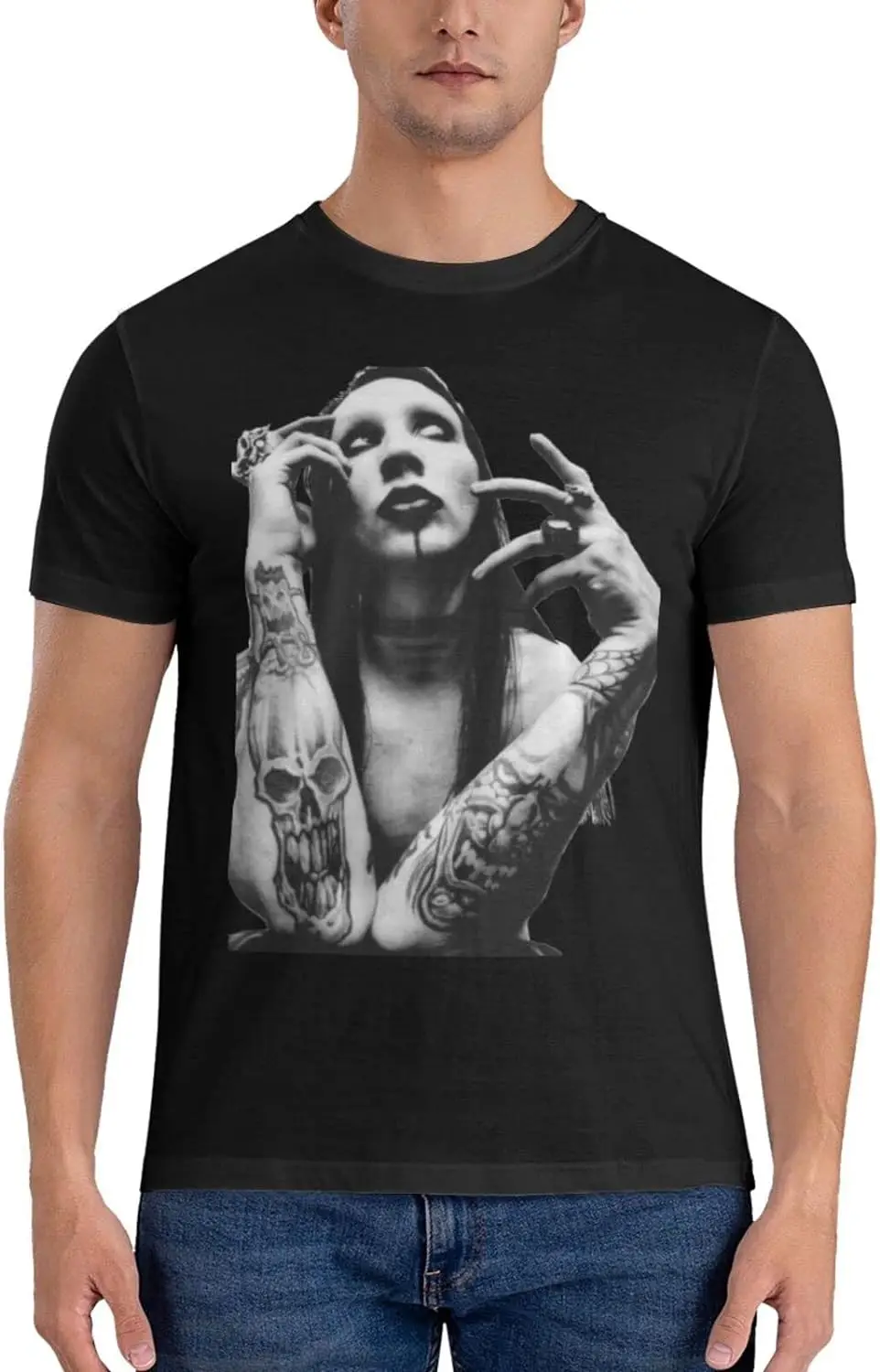 Marilyn Music and Manson Men\'s Comfortable Short Sleeve Shirt Round Neck Cotton Fashion T-Shirt Black